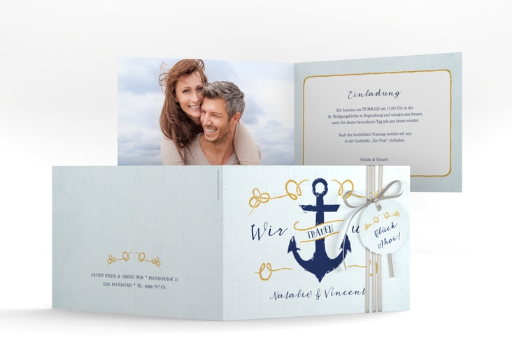 Hochzeitseinladung Anker A6 Klappkarte quer tuerkis hochglanz