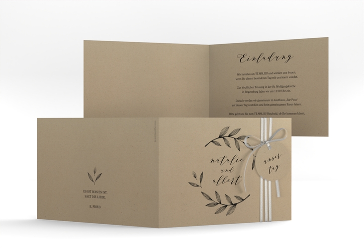 Hochzeitseinladung Naturelove A6 Klappkarte quer hochglanz in Kraftpapier-Optik mit Blatt-Illustration
