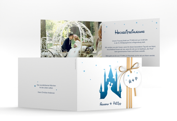 Hochzeitseinladung Castle A6 Klappkarte quer blau