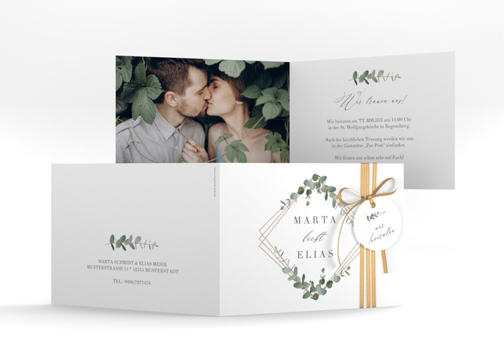 Hochzeitseinladung Eukalyptus A6 Klappkarte quer weiss hochglanz