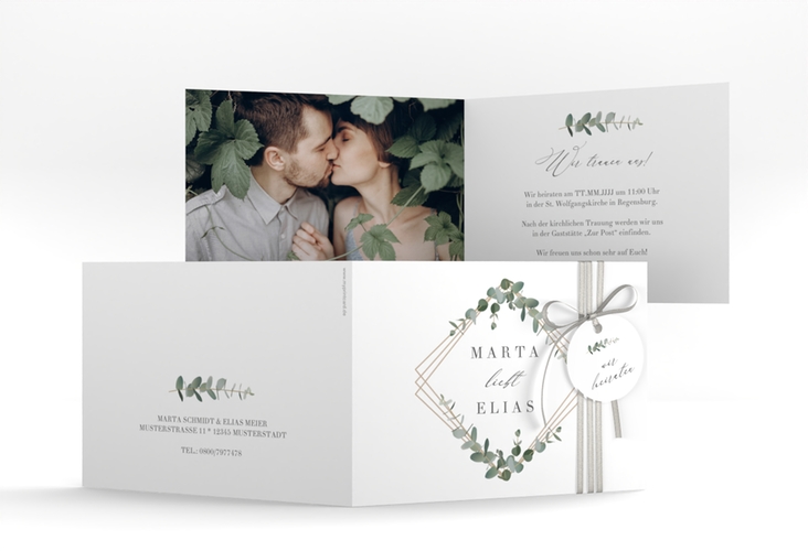 Hochzeitseinladung Eukalyptus A6 Klappkarte quer weiss hochglanz