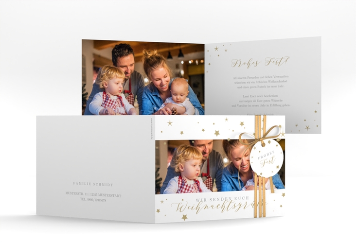 Weihnachtskarte Sternennacht A6 Klappkarte quer weiss mit Sternchen und Familienfoto