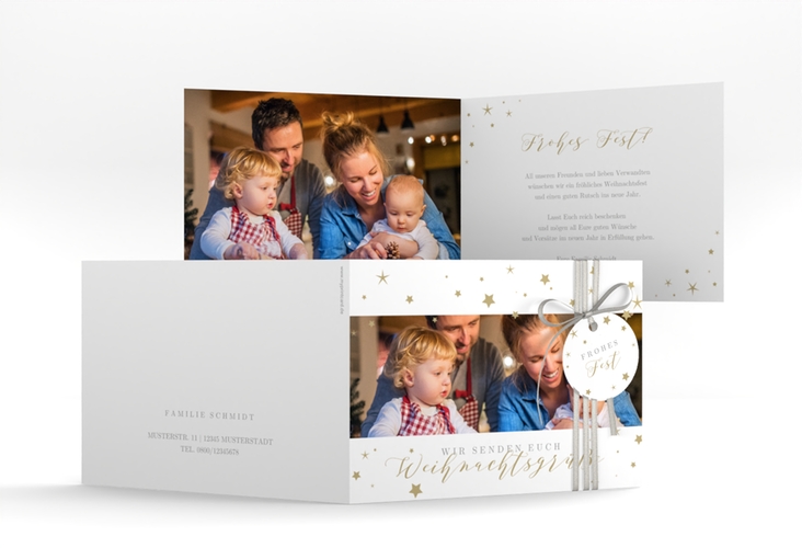 Weihnachtskarte Sternennacht A6 Klappkarte quer weiss mit Sternchen und Familienfoto