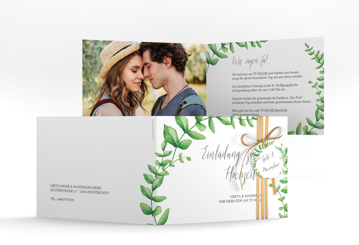 Hochzeitseinladung Botanic A6 Klappkarte quer weiss