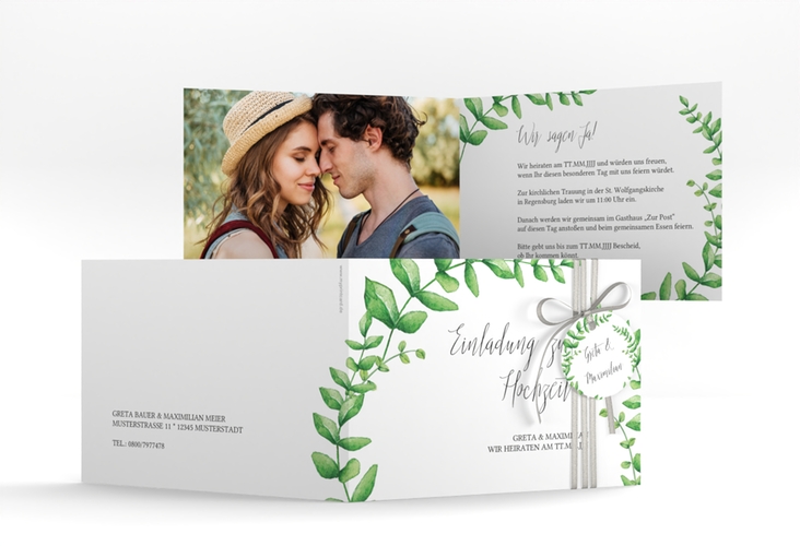 Hochzeitseinladung Botanic A6 Klappkarte quer weiss