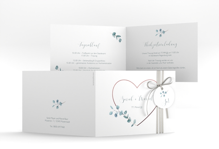 Hochzeitseinladung Greenheart A6 Klappkarte quer rosa hochglanz mit elegantem Herz und Eukalyptus-Zweig