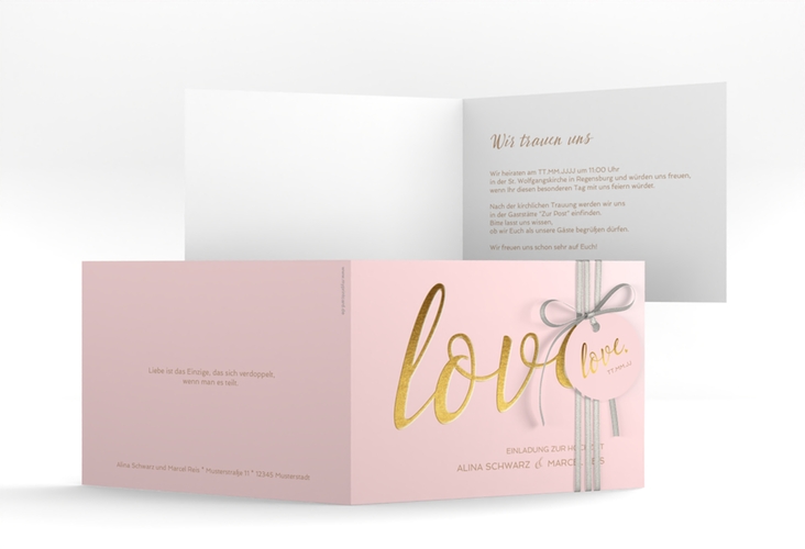 Hochzeitseinladung Glam A6 Klappkarte quer rosa hochglanz