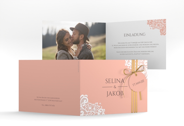 Hochzeitseinladung Vintage A6 Klappkarte quer apricot mit floraler Spitze