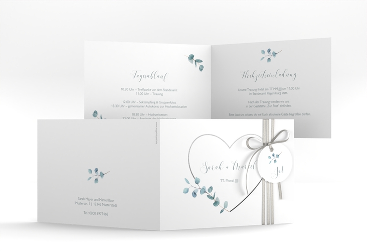 Hochzeitseinladung Greenheart A6 Klappkarte quer grau hochglanz mit elegantem Herz und Eukalyptus-Zweig