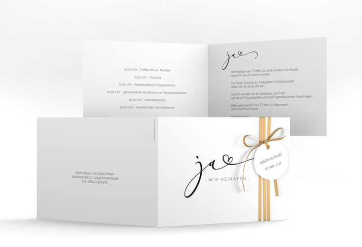 Hochzeitseinladung Jawort A6 Klappkarte quer weiss modern minimalistisch mit veredelter Aufschrift