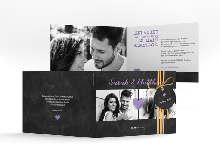 Hochzeitseinladung Sparkly A6 Klappkarte quer lila hochglanz