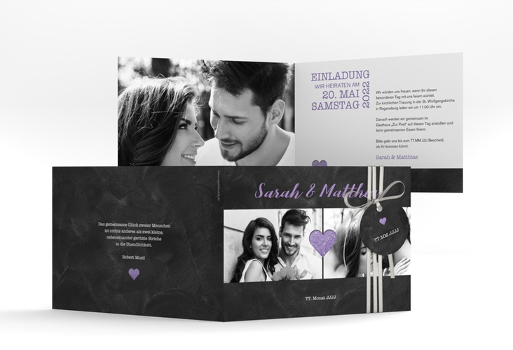 Hochzeitseinladung Sparkly A6 Klappkarte quer lila hochglanz