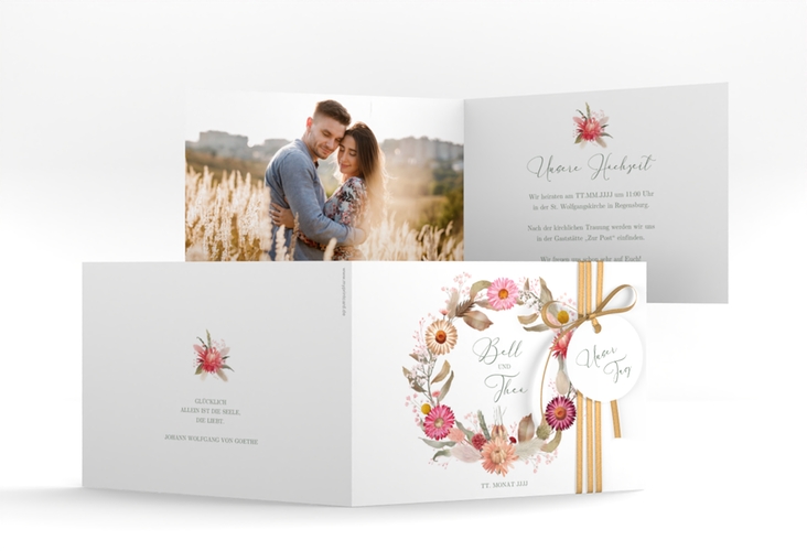 Hochzeitseinladung Trockenblumen A6 Klappkarte quer weiss hochglanz