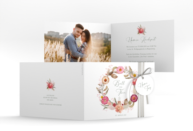 Hochzeitseinladung Trockenblumen A6 Klappkarte quer weiss hochglanz