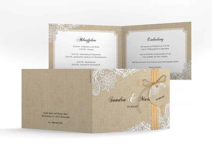 Hochzeitseinladung Lace A6 Klappkarte quer beige hochglanz in Leinen-Optik mit weißer Spitze