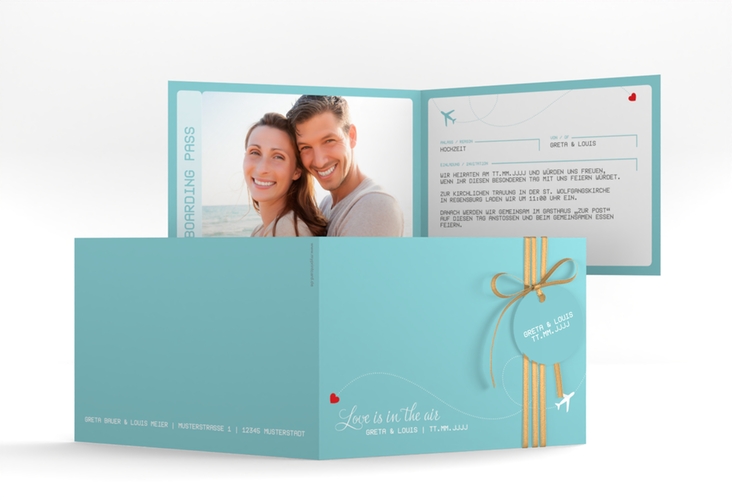 Hochzeitseinladung Weddingpass A6 Klappkarte quer blau hochglanz