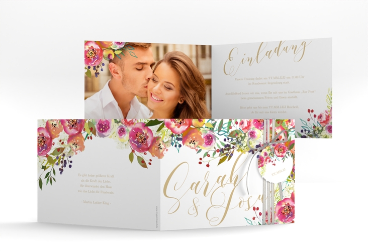 Hochzeitseinladung Flowerbomb A6 Klappkarte quer weiss hochglanz