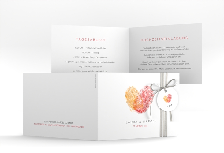 Hochzeitseinladung Fingerprint A6 Klappkarte quer rot hochglanz schlicht mit Fingerabdruck-Motiv