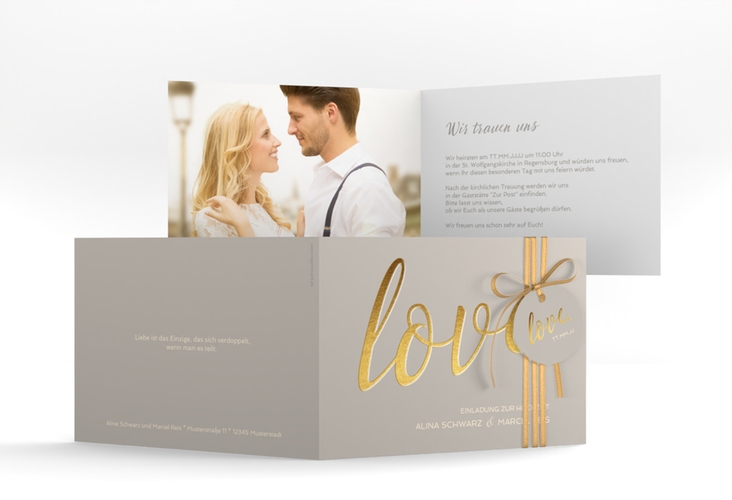 Hochzeitseinladung Glam A6 Klappkarte quer grau hochglanz