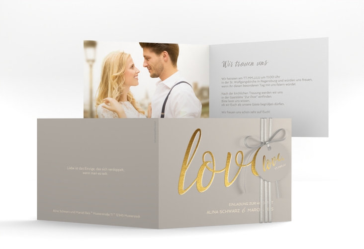 Hochzeitseinladung Glam A6 Klappkarte quer grau hochglanz