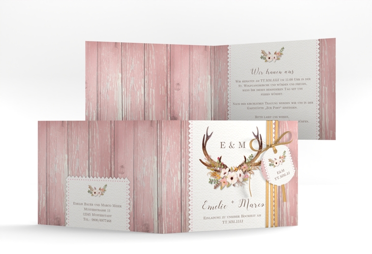 Hochzeitseinladung Heimatjuwel A6 Klappkarte quer rosa hochglanz mit Hirschgeweih und Holz-Hintergrund