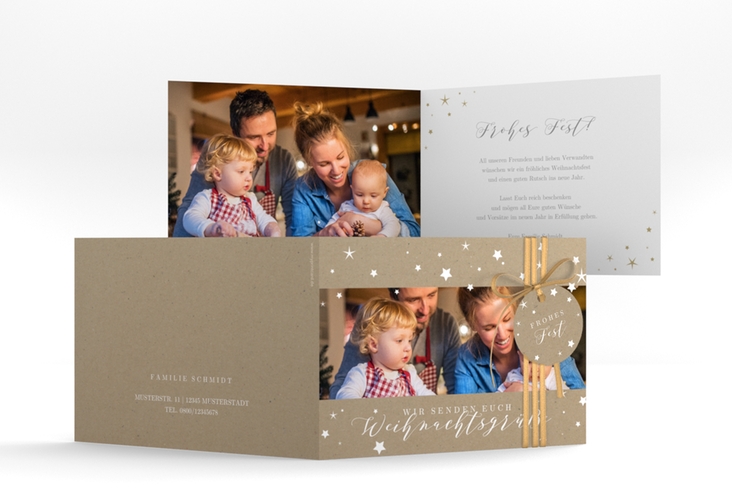 Weihnachtskarte Sternennacht A6 Klappkarte quer Kraftpapier hochglanz mit Sternchen und Familienfoto