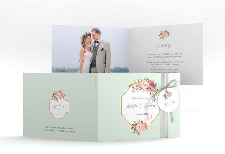 Hochzeitseinladung Prachtvoll A6 Klappkarte quer mint hochglanz