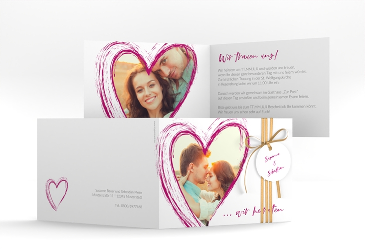 Hochzeitseinladung Liebe A6 Klappkarte quer pink