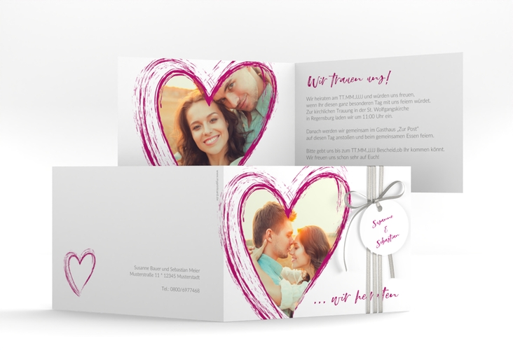 Hochzeitseinladung Liebe A6 Klappkarte quer pink