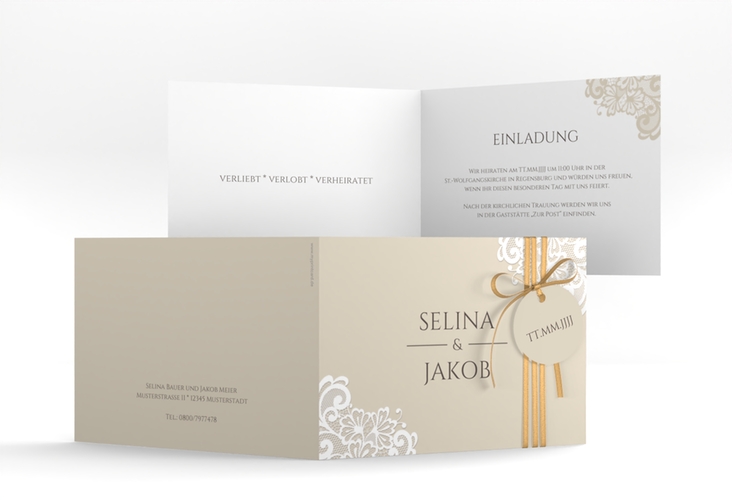 Hochzeitseinladung Vintage A6 Klappkarte quer beige mit floraler Spitze