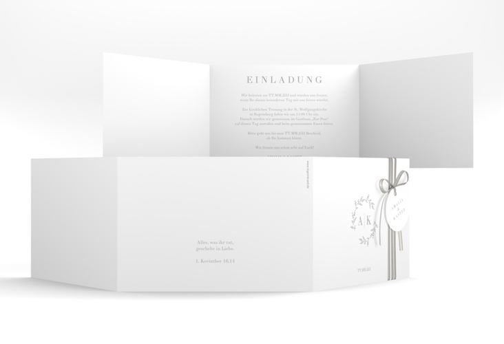 Hochzeitseinladung Filigrana A6 Doppel-Klappkarte hochglanz in reduziertem Design mit Initialen und zartem Blätterkranz