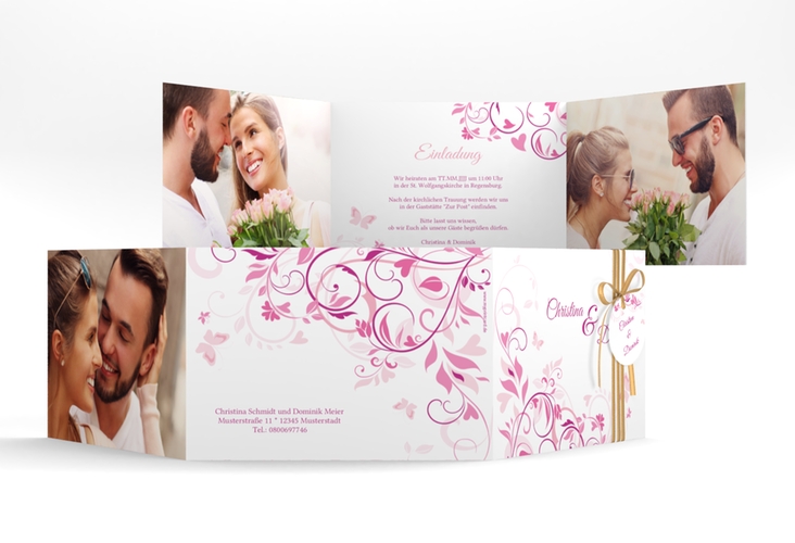 Hochzeitseinladung Lilly A6 Doppel-Klappkarte pink hochglanz