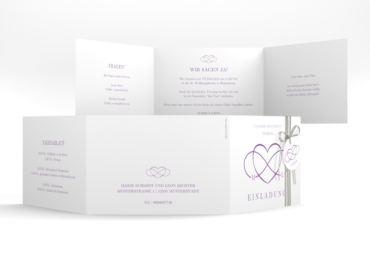 Hochzeitseinladung Infinity A6 Doppel-Klappkarte lila hochglanz