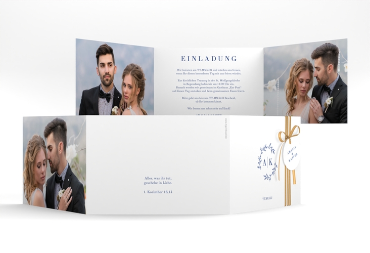 Hochzeitseinladung Filigrana A6 Doppel-Klappkarte blau hochglanz in reduziertem Design mit Initialen und zartem Blätterkranz