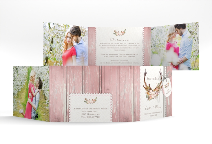 Hochzeitseinladung Heimatjuwel A6 Doppel-Klappkarte rosa mit Hirschgeweih und Holz-Hintergrund