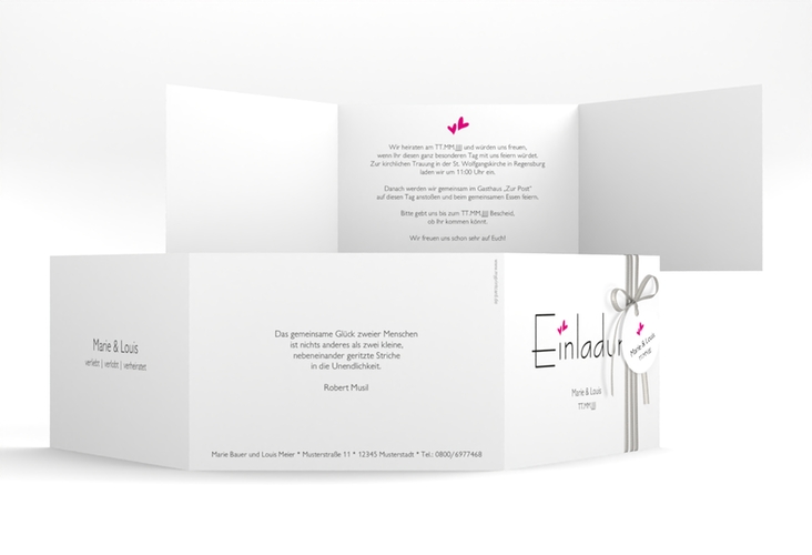 Hochzeitseinladung Twohearts A6 Doppel-Klappkarte pink hochglanz