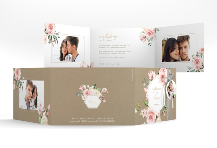 Hochzeitseinladung Graceful A6 Doppel-Klappkarte Kraftpapier mit Rosenblüten in Rosa und Weiß