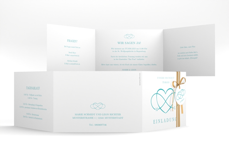 Hochzeitseinladung Infinity A6 Doppel-Klappkarte tuerkis hochglanz