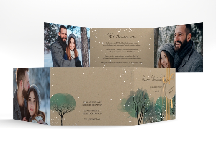 Hochzeitseinladung Winterhochzeit A6 Doppel-Klappkarte Kraftpapier