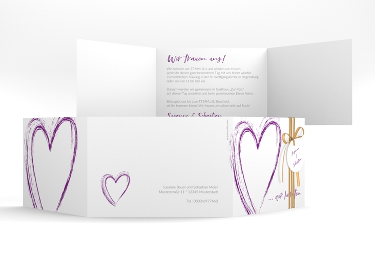 Hochzeitseinladung Liebe A6 Doppel-Klappkarte lila hochglanz