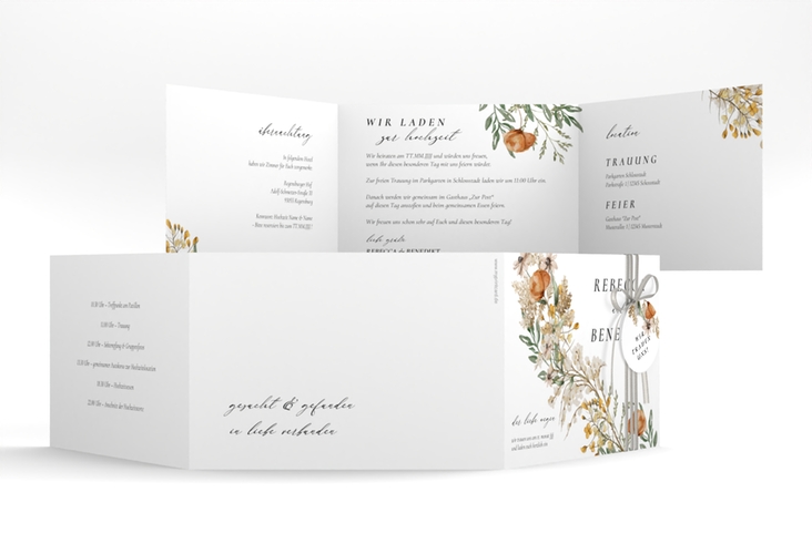 Hochzeitseinladung Wildfang A6 Doppel-Klappkarte weiss hochglanz mit getrockneten Wiesenblumen