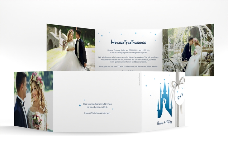 Hochzeitseinladung Castle A6 Doppel-Klappkarte blau