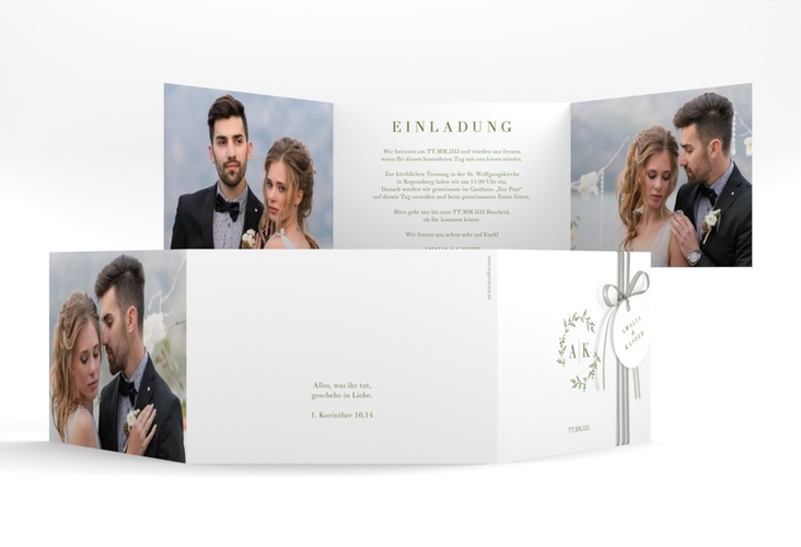 Hochzeitseinladung Filigrana A6 Doppel-Klappkarte gruen hochglanz in reduziertem Design mit Initialen und zartem Blätterkranz