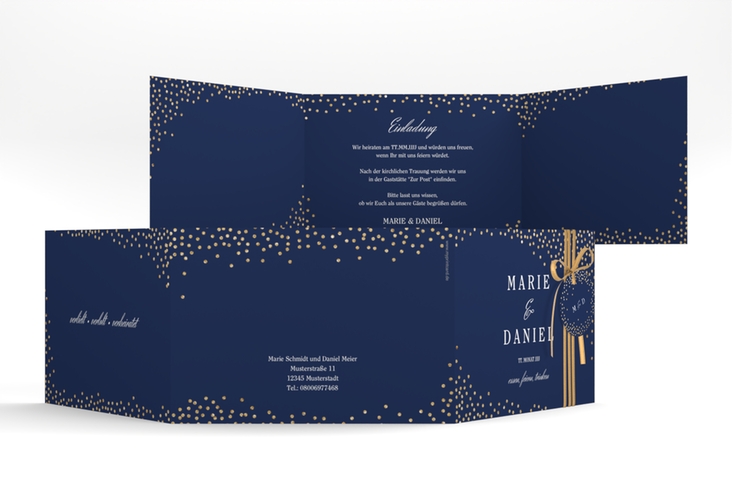 Hochzeitseinladung Glitter A6 Doppel-Klappkarte blau hochglanz