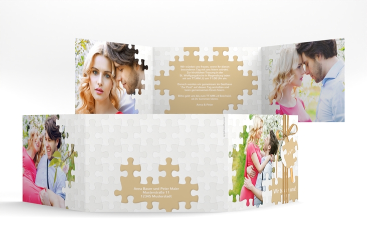 Hochzeitseinladung Puzzle A6 Doppel-Klappkarte beige