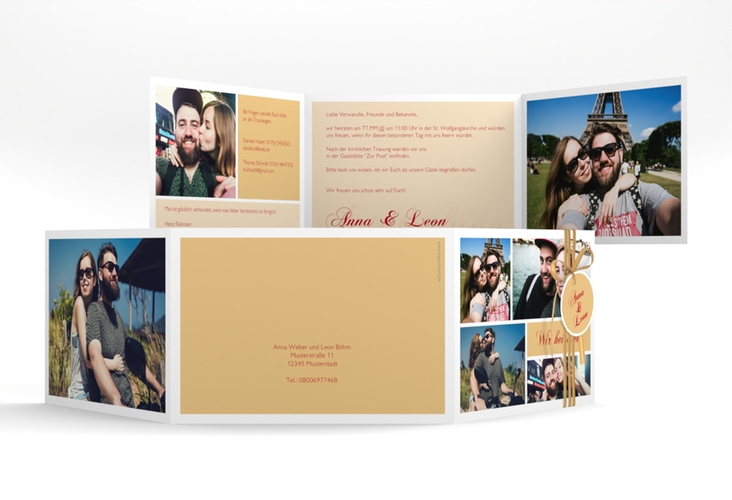 Hochzeitseinladung Collage A6 Doppel-Klappkarte apricot