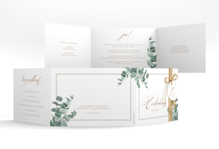 Hochzeitseinladung Eucalypt A6 Doppel-Klappkarte weiss mit Eukalyptus und edlem Rahmen