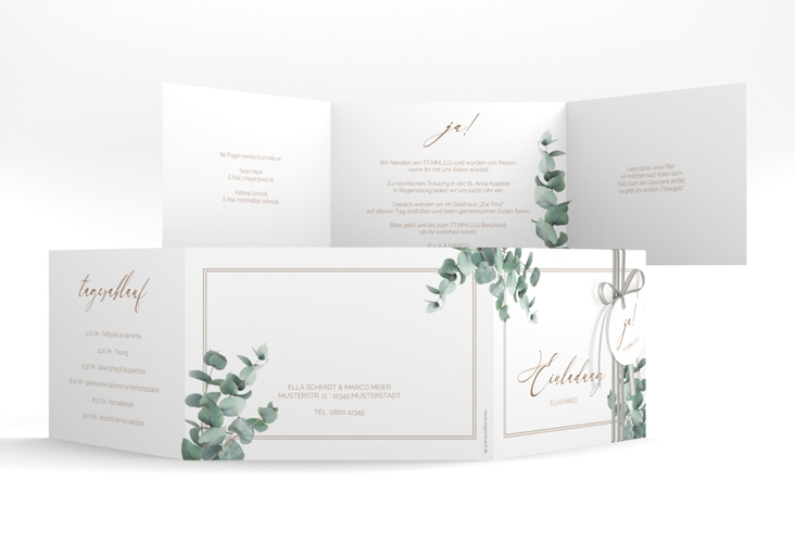 Hochzeitseinladung Eucalypt A6 Doppel-Klappkarte weiss mit Eukalyptus und edlem Rahmen