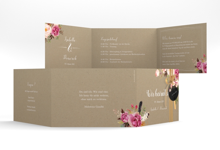 Hochzeitseinladung Flowers A6 Doppel-Klappkarte Kraftpapier mit bunten Aquarell-Blumen