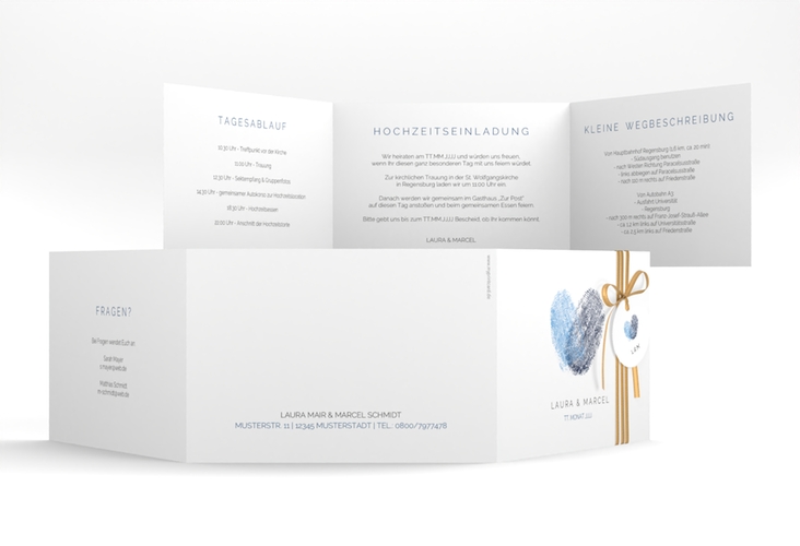 Hochzeitseinladung Fingerprint A6 Doppel-Klappkarte blau hochglanz schlicht mit Fingerabdruck-Motiv